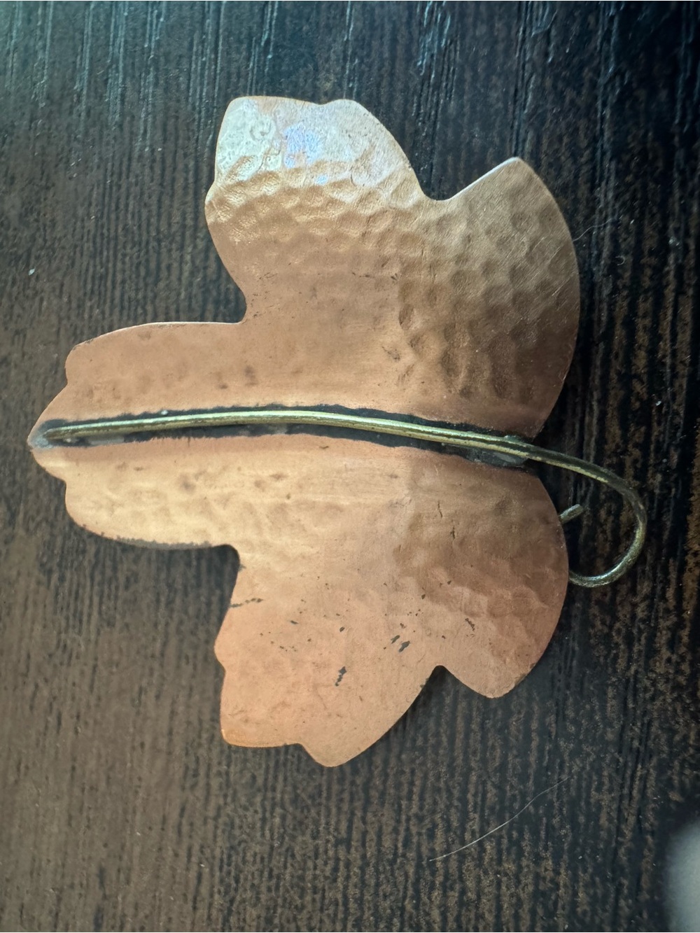 Vintage Hallmark Hammered Copper Tone Leaf Brooch with Dark Central Stripe, Fall